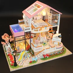 New DIY Wooden Doll House Kit Miniature With Furniture Light Princess Casa Big Villa Dollhouse Model Toys For Girls Xmas Gifts