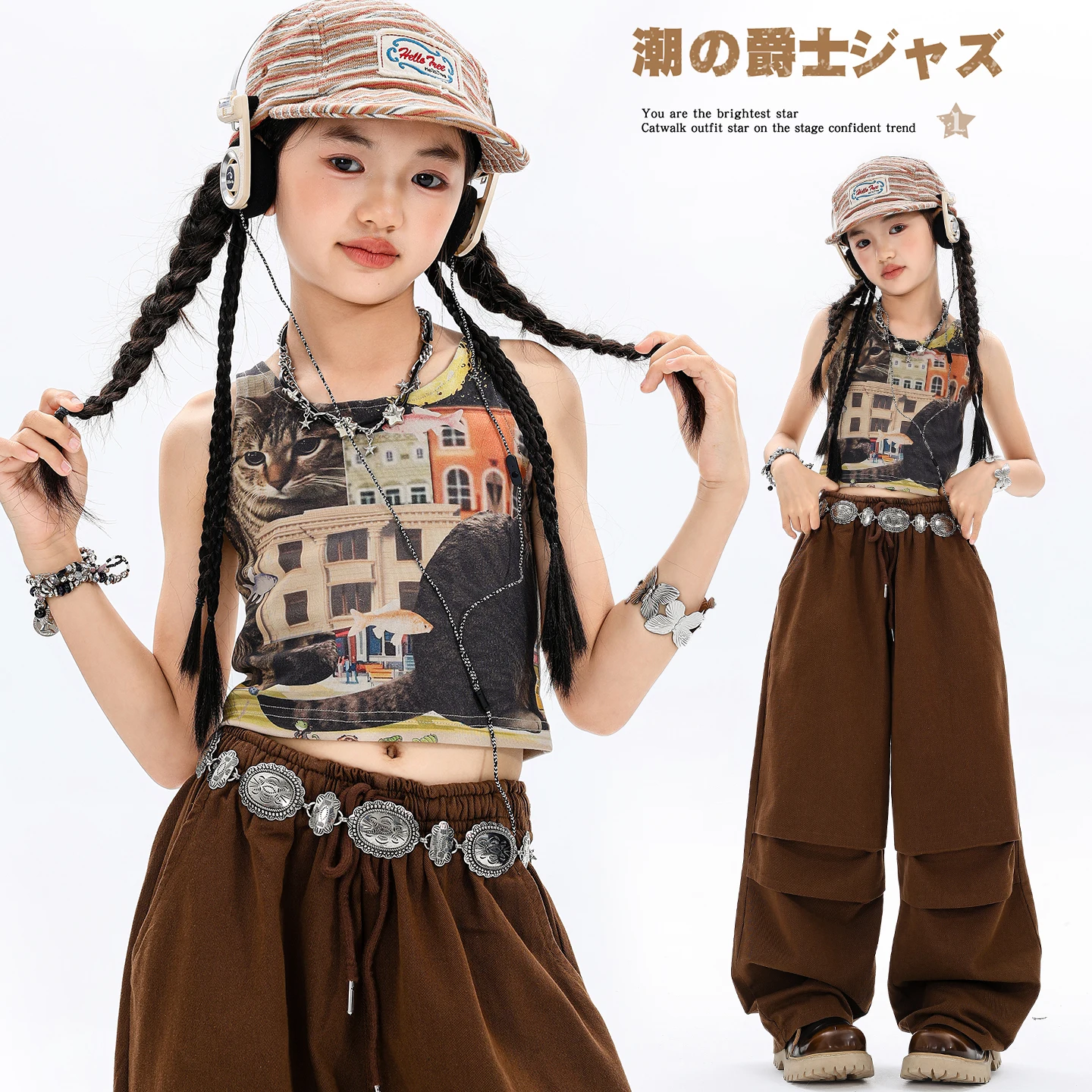 Mädchen Hip Hop Crop Tops Braune Jeans Kinder K-Pop Kleidung Stufenröcke Street Dance Kleidung Sets Kinder Mädchen Gruppe Kostüme