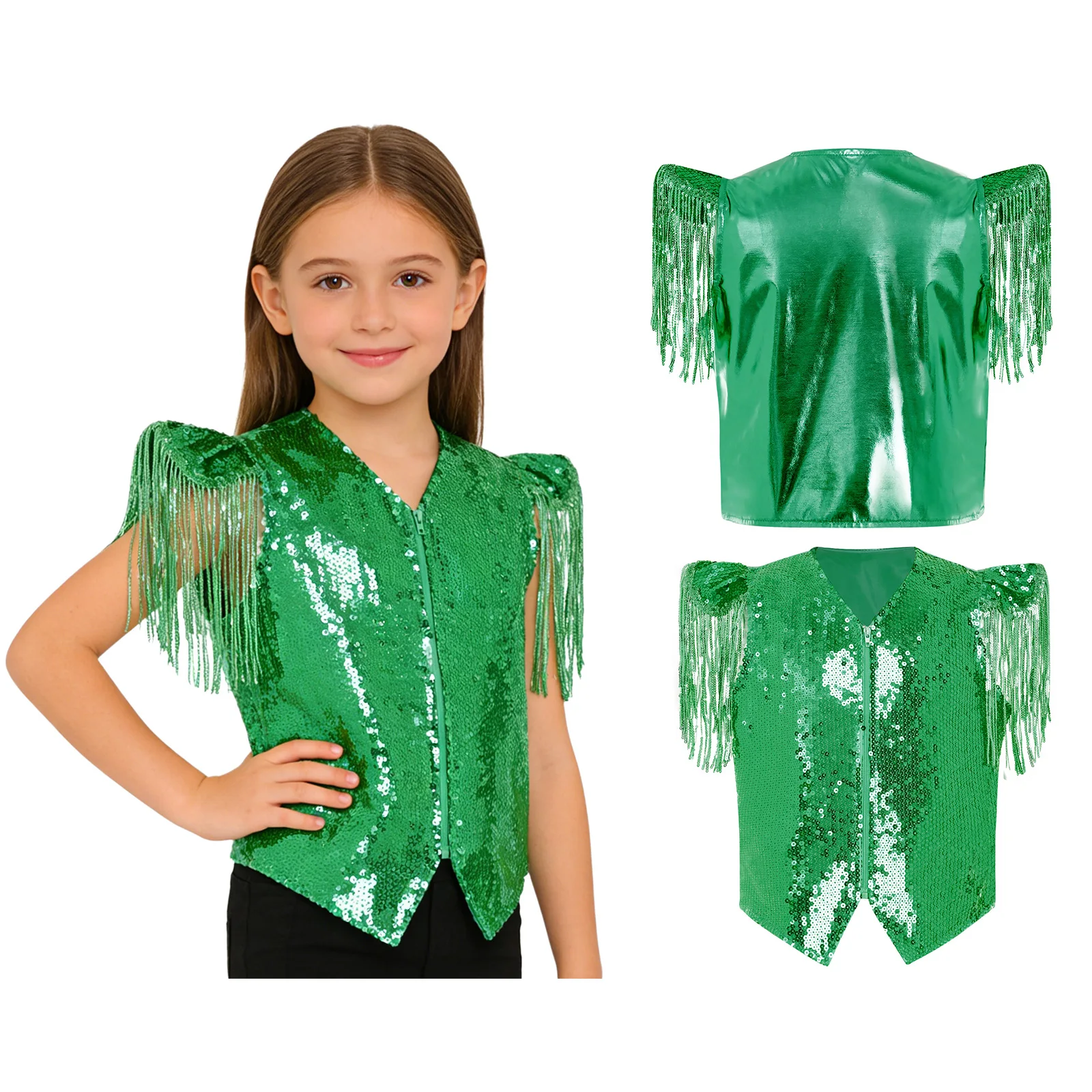 Kids Boys Girls 70s 80s Disco Jazz Dance Party Vests Children Sequin Metallic Vest Tassels Waistcoat Stage Performance Dancewear