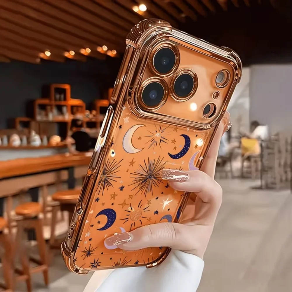 For iPhone 17 16 15 14 13 12 11 Pro Max Plus Air 17e 16e Sun Moon Star Pattern Plated Shockproof Phone Case Protective Cover