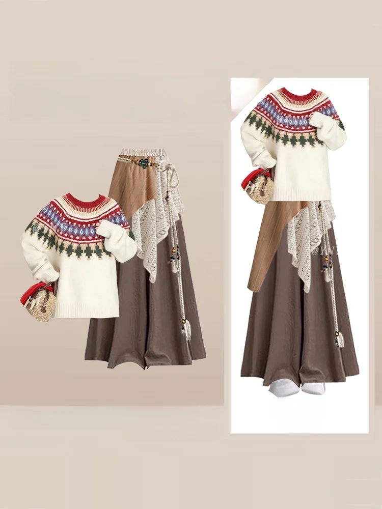 

Winter Knitted Sweater Christmas Atmosphere round Neck Patchwork Casual Pants Three Piece Set Vintage Style Long Sleeve Dress