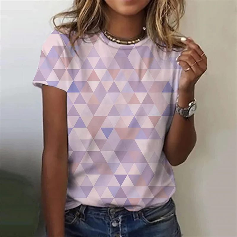 Colorful Geometric Pattern T-Shirt For Women Color Block 3D Printed Short Sleeves Summer Harajuku Loose T Shirts O-Neck Tops Tee