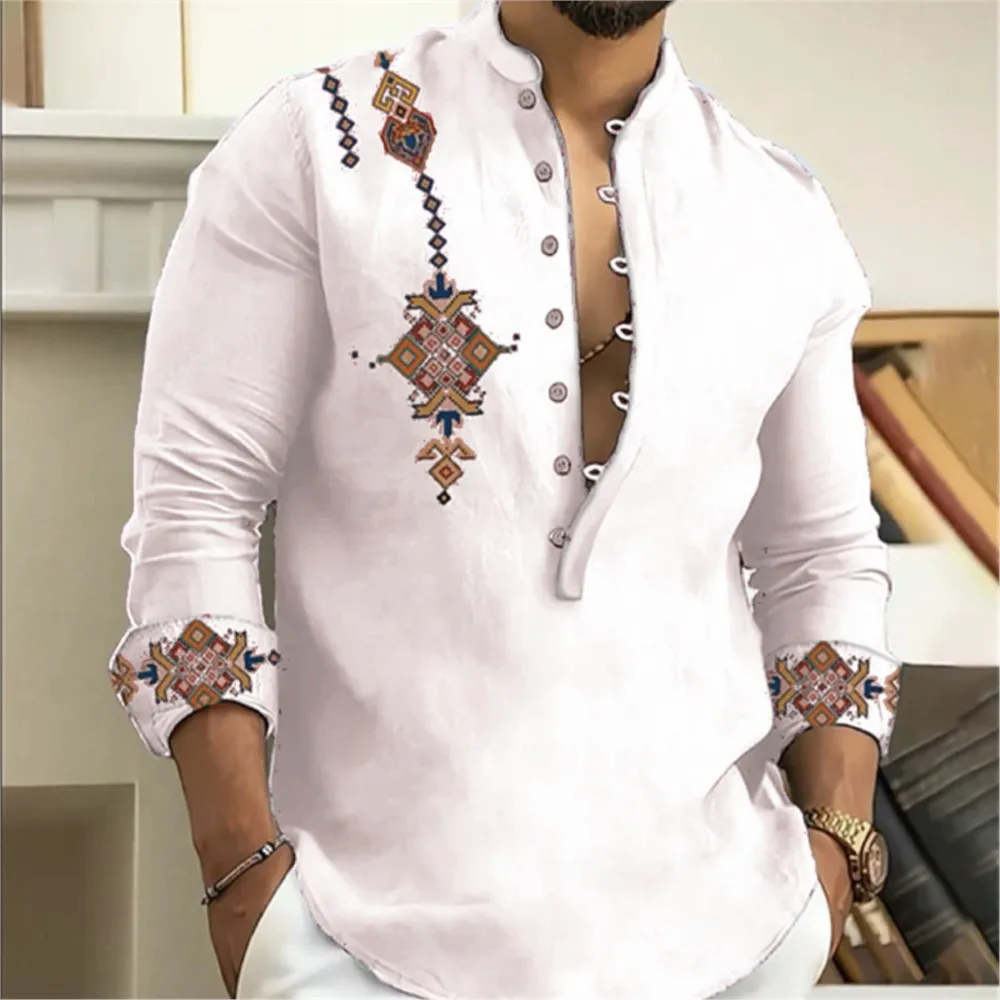 Camicia Tribe Pattern Stampa Geometria retrò Leads Abbigliamento uomo musulmano Camicia a maniche lunghe Super Large Size Erkek Kiabweetleri