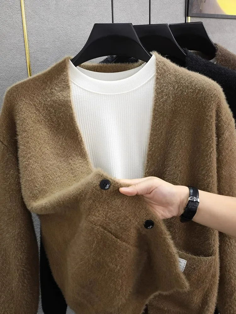 

Мужской свободный повседневный вязаный свитер-пальто из норкового вельвета, мягкий, удобный, весна-осень, модный бренд, V-образный вырез, длинный рукав, цветной