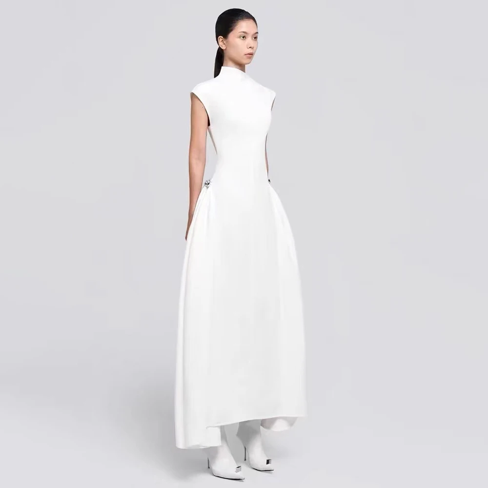 VGH Minimalist Solid Patchwork Folds Dresses For Women Asymmetrical Collar Sleeveless High Waist A Line Dress Female Fashion New