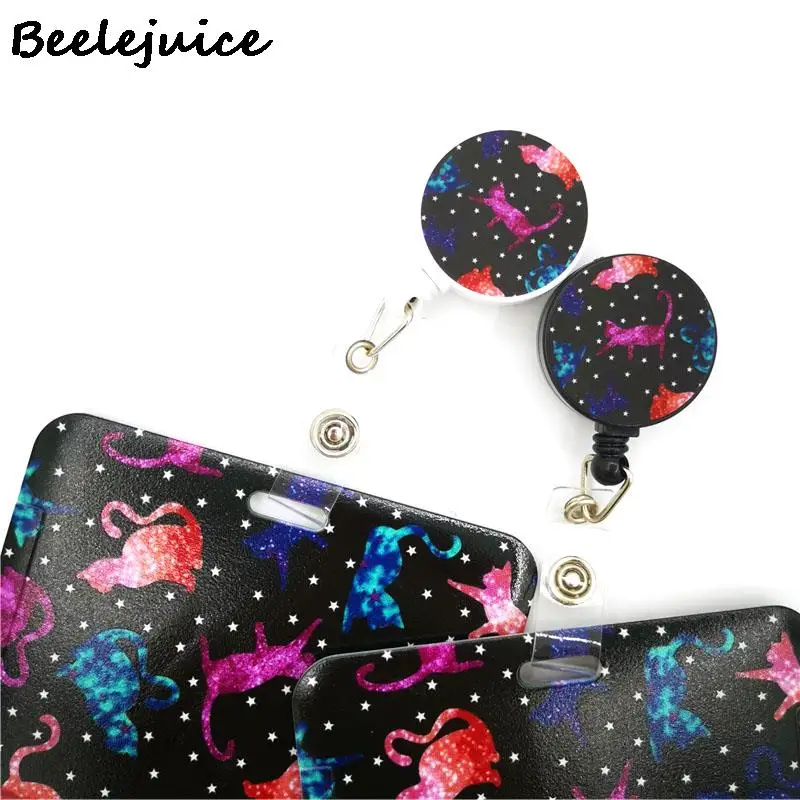 Starry Colorful Cats Horizontal Credit Card Holder Women Men Kid Student Retractable Badge Reel ID Name Clips Card Badge Holder