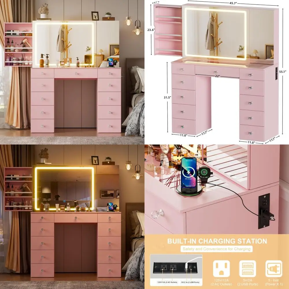 طقم زينة بمرآة مضيئة مع مكتب كبير وتخزين 11 درج #1