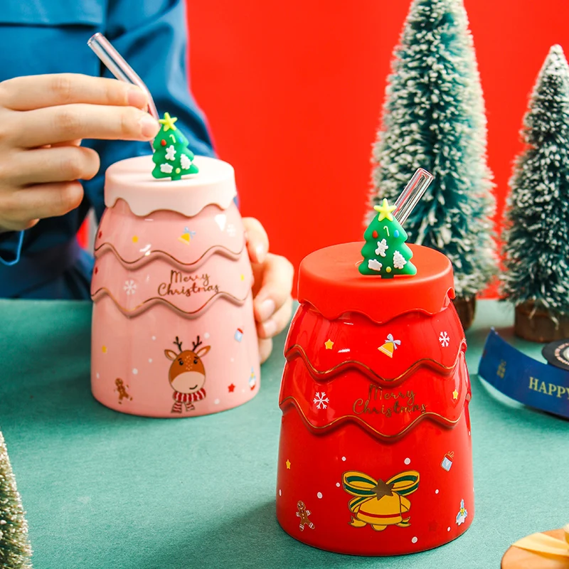 450ml Creative Christmas Ceramic Mug with Lid Straw Cups High Beauty Coffee Mugs Male Female Office Couple Water Cup Gift Box