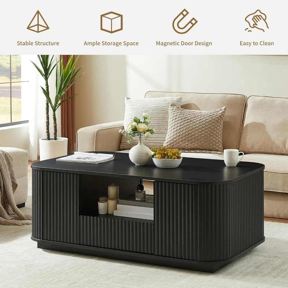 46,5" salontafel met opbergruimte, gecanneleerde moderne salontafel met deur en lade, grote middentafel uit het midden van de eeuw voor de woonkamer,