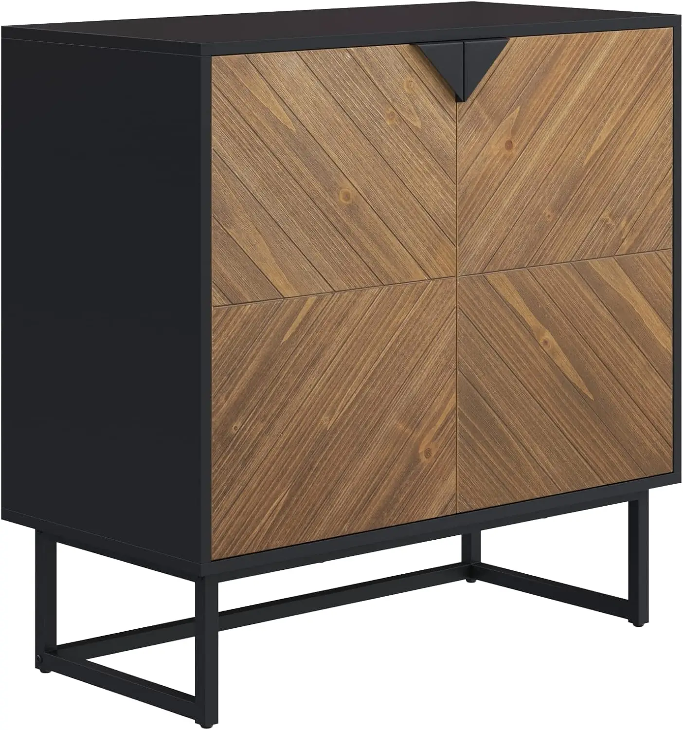 Modern Sideboard Buffet Storage Accent Cabinet Black with Doors in a Rustic Pine Wood Finish and Matte Metal Base for Hallway