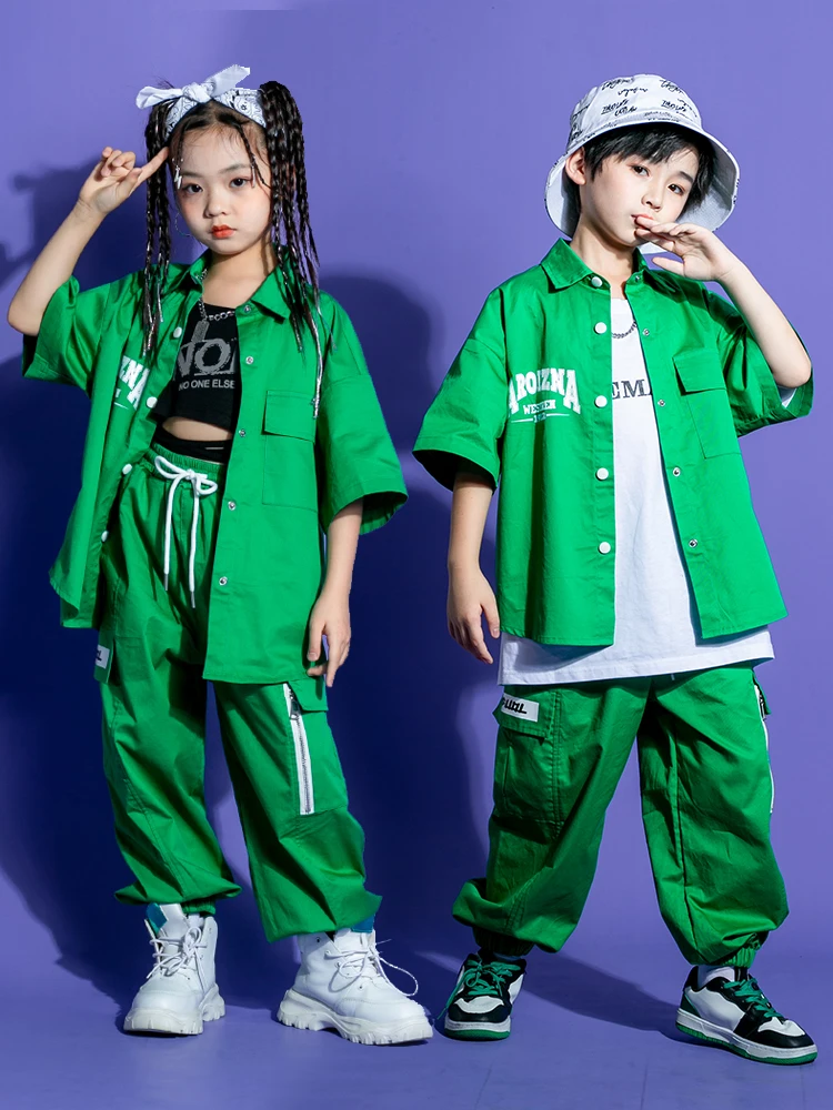 Nowe dzieci taniec Hip Hop kostiumy dla dzieci zielone luลบne koszulki Cargo spodnie Kpop stroje dziewczyny chลopcy Jazz odzieลผ w stylu Rave DQS10064