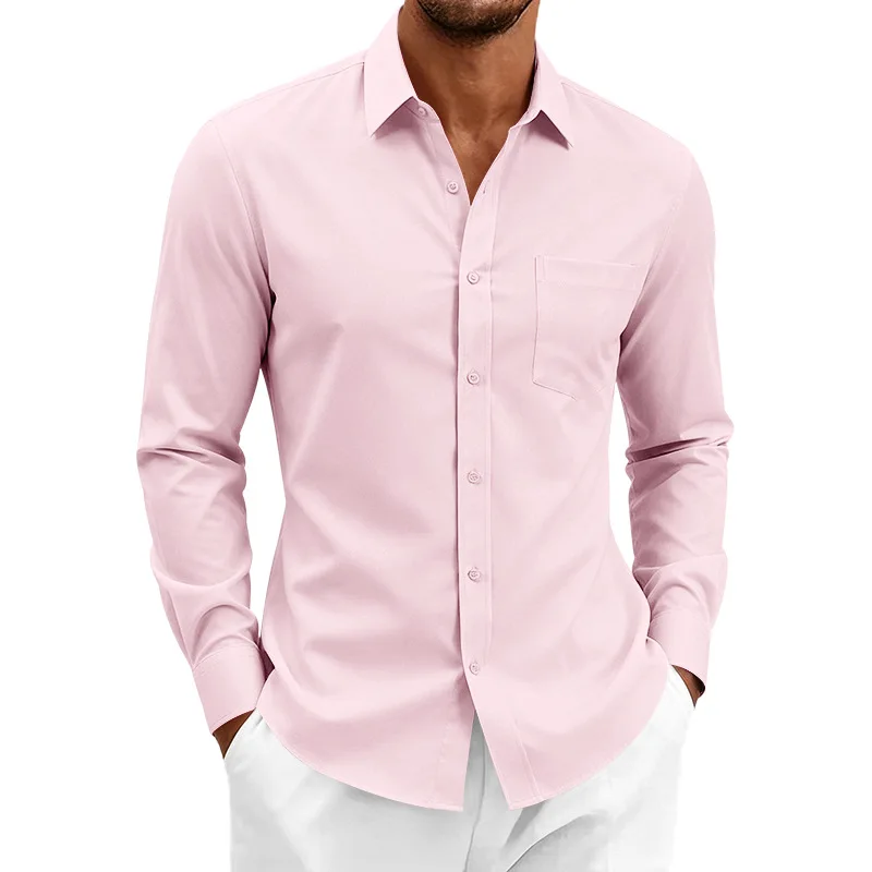 

Men's Loose Casual Business Solid Color Commuter Non-ironing Long Sleeve Lapel Button-Up Shirt