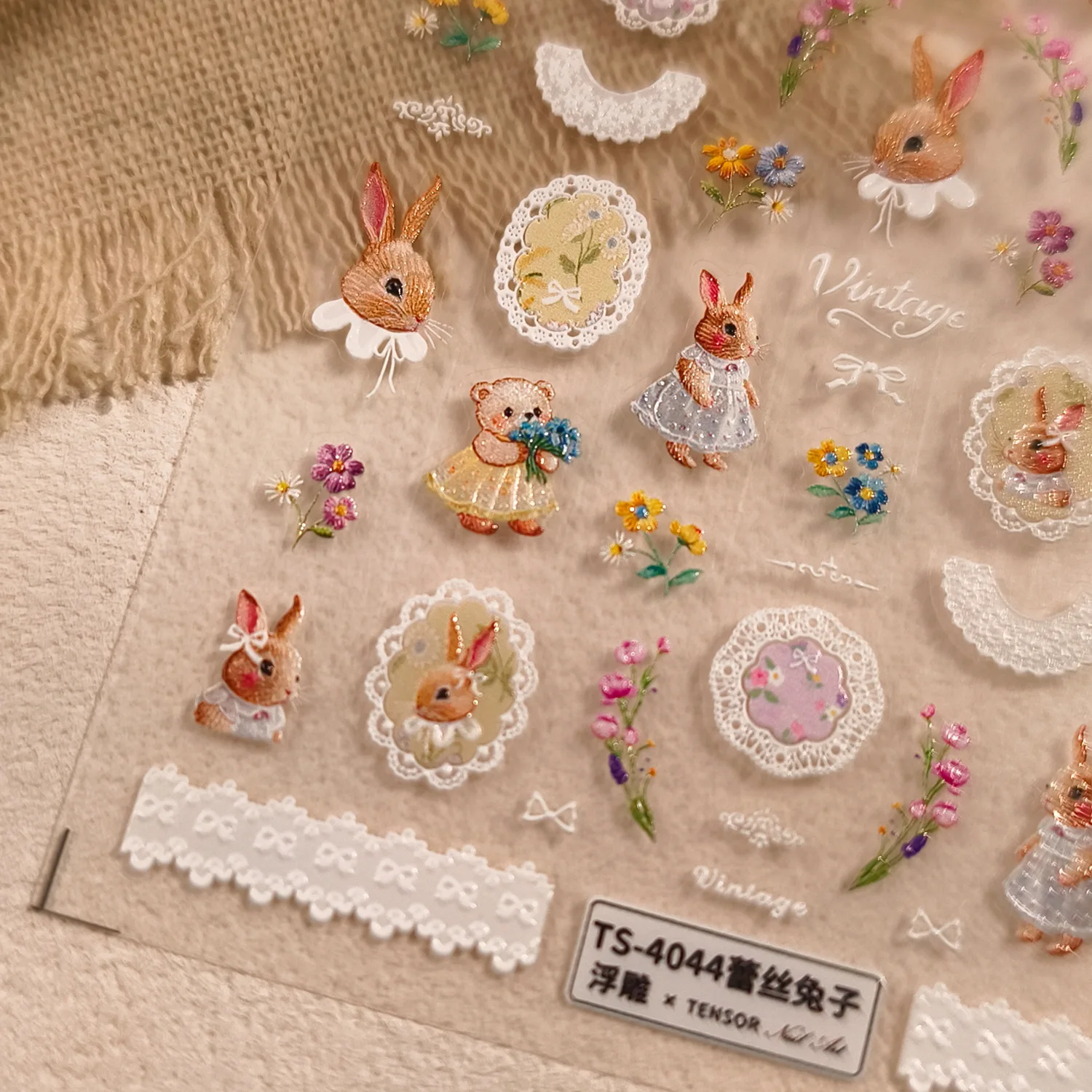 

Easter Vintage White Lace Cute Rabbit Bear Bowknot Colored Flowers Reliefs Self Adhesive Nail Art Stickers Bunny Manicure Decals