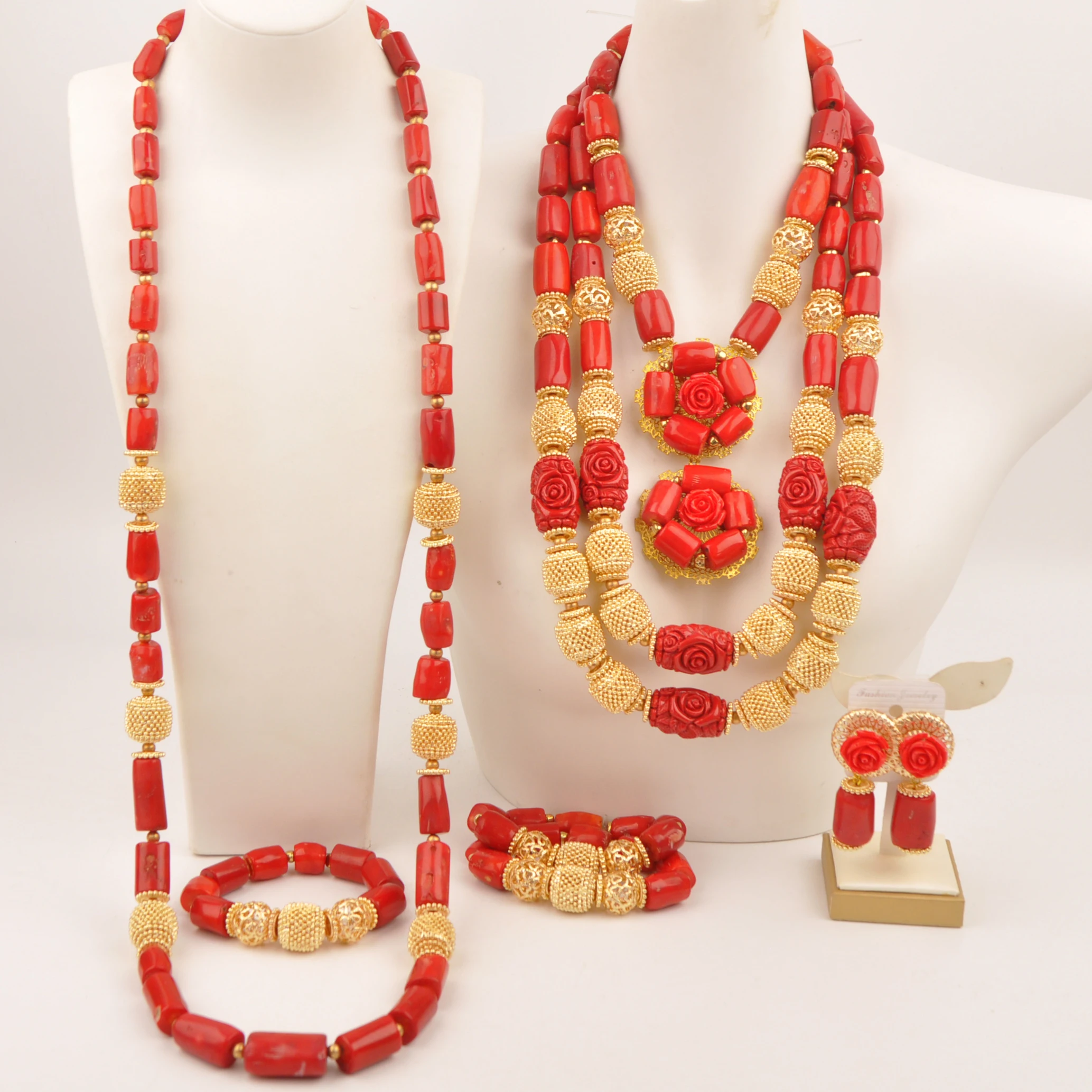 

Red Nigerian Coral Beads African Wedding Couple Jewelry Set