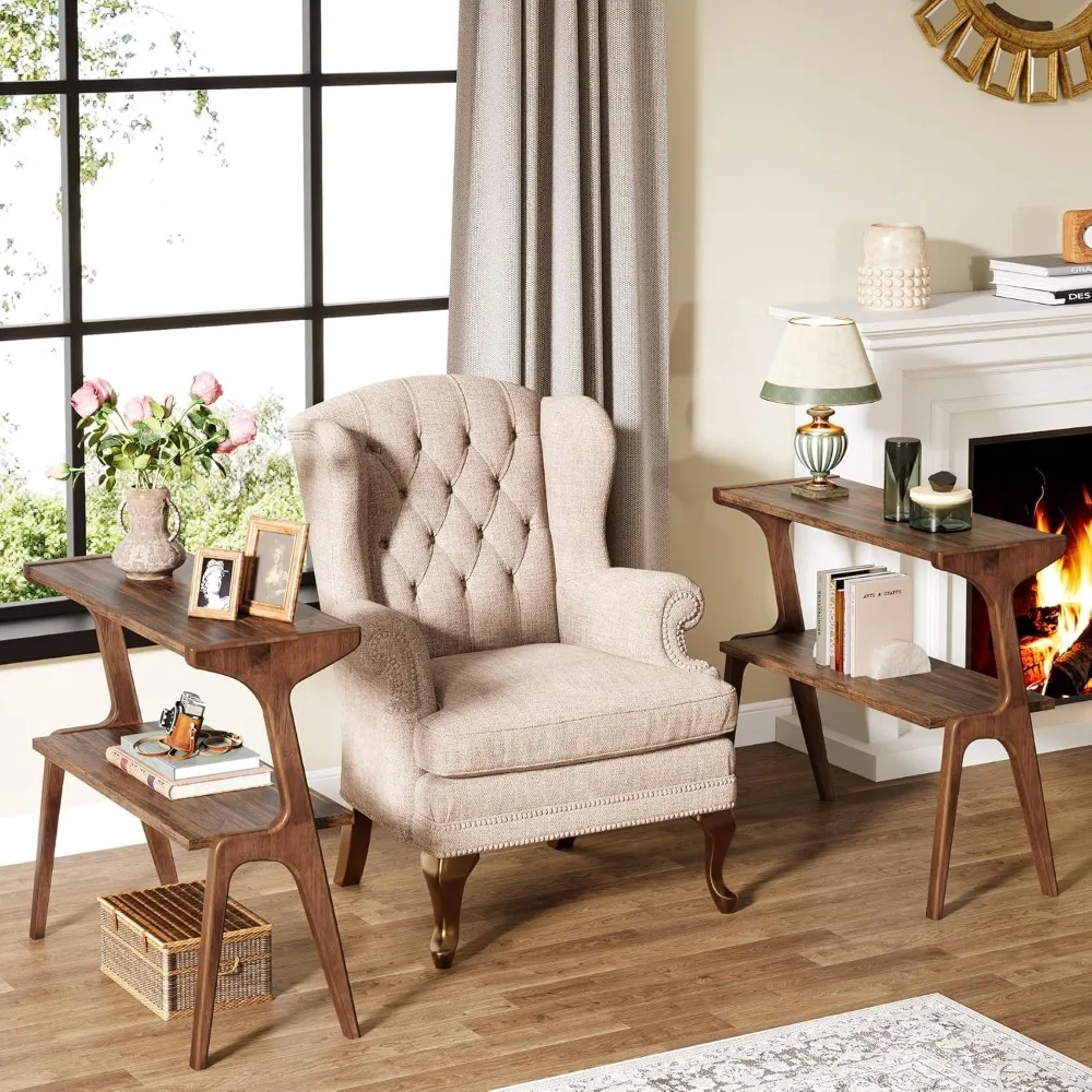 

Set of 2 Narrow End Table for Living Room, 2-Tier Slim Side Table with Solid Wood Legs, Farmhouse Tall End Table with Storage S