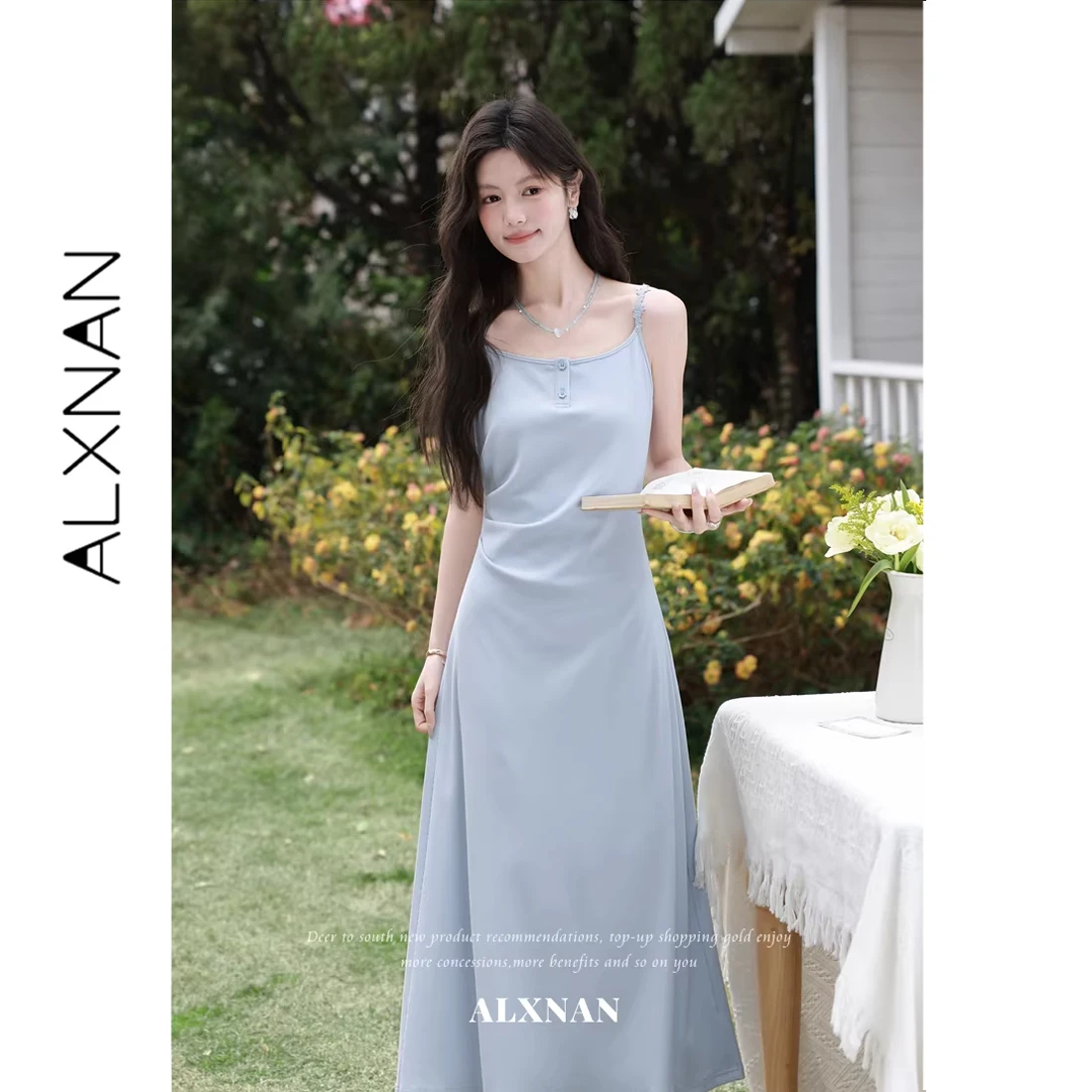 

ALXNAN Gray Blue Slip Dress Women Lace Embroidered Shoulder Strap long Sundress Summer elegant Beach Vacation Dresses L62903