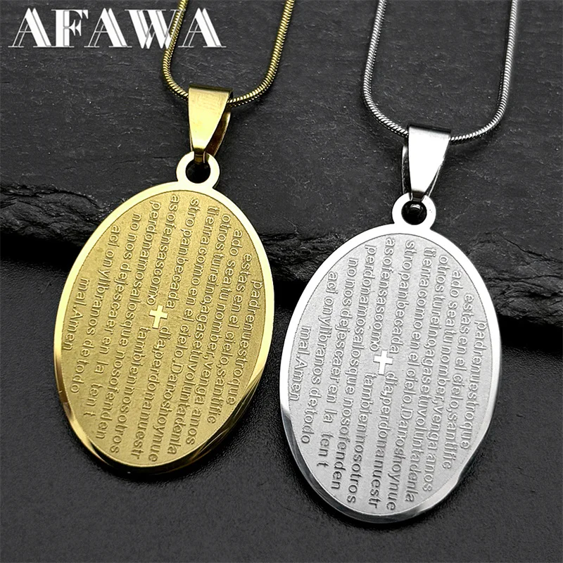 

Christian Bible Verse Cross Chain Necklace for Women Men Stainless Steel Spanish Our Father Medal Lord's Prayer Jewelry Gift