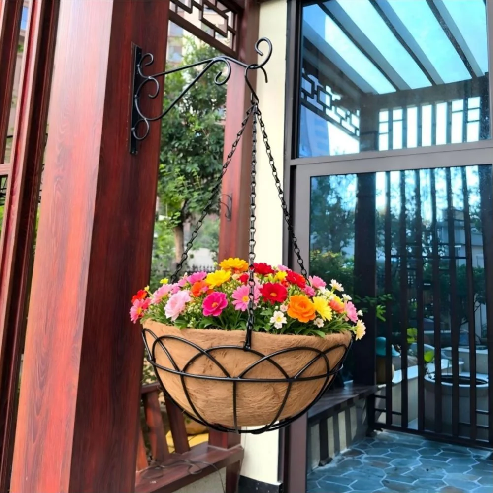 2pcs Iron Hanging Basket with Coconut Fiber Insert for Balcony Plants Rust Resistant Frame 12IN 14IN Dimensions