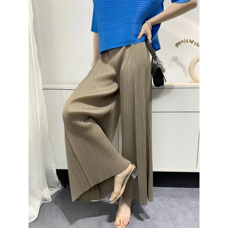 2023 Miyake Pleated Niche Wide-leg Flared Trousers for Women Spring Summer High Waist Elegant Solid Color Female Loose Pants