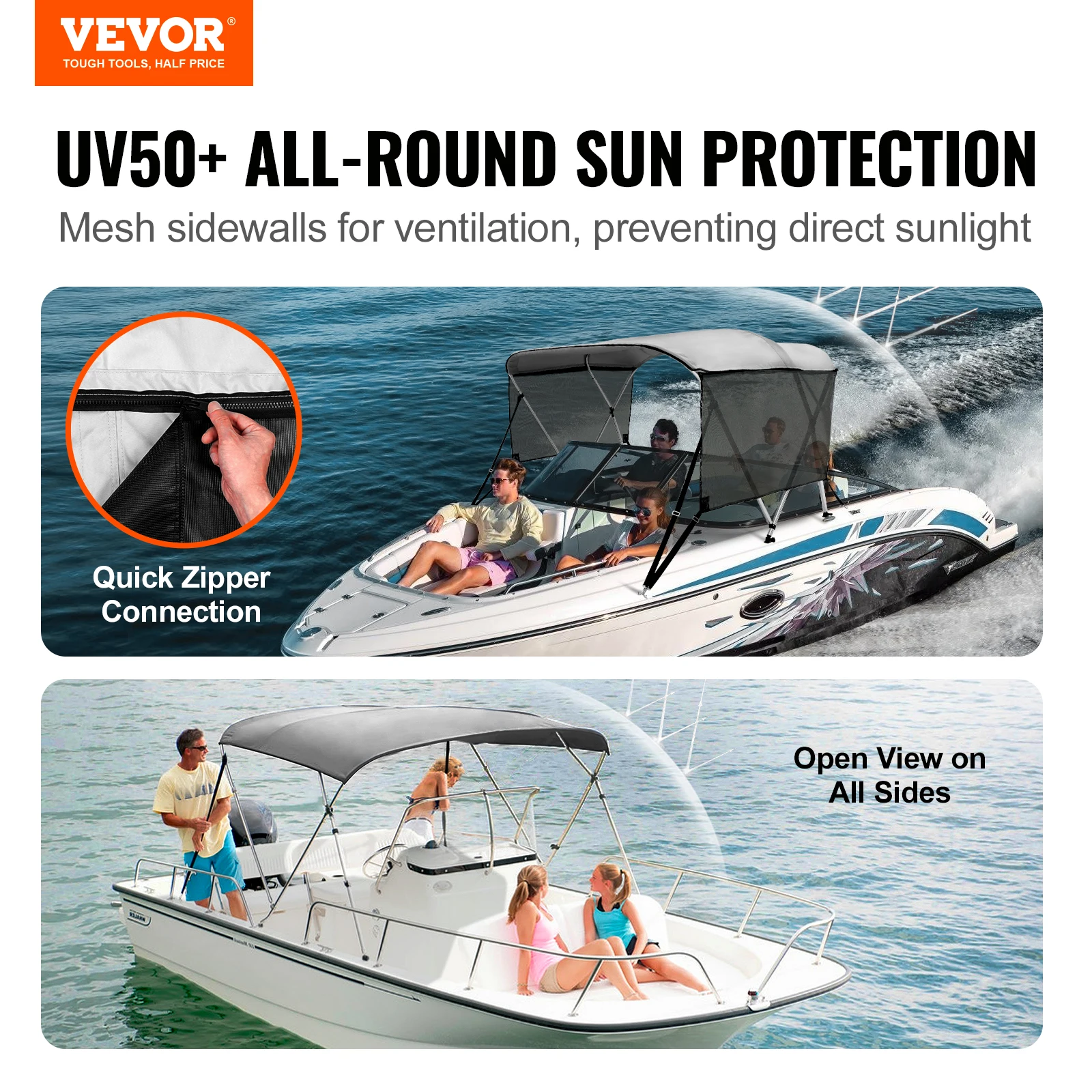 VEVOR 3 Bow Bimini Top Boat Cover, Detachable Mesh Sidewalls, 600D Polyester Canopy with 1