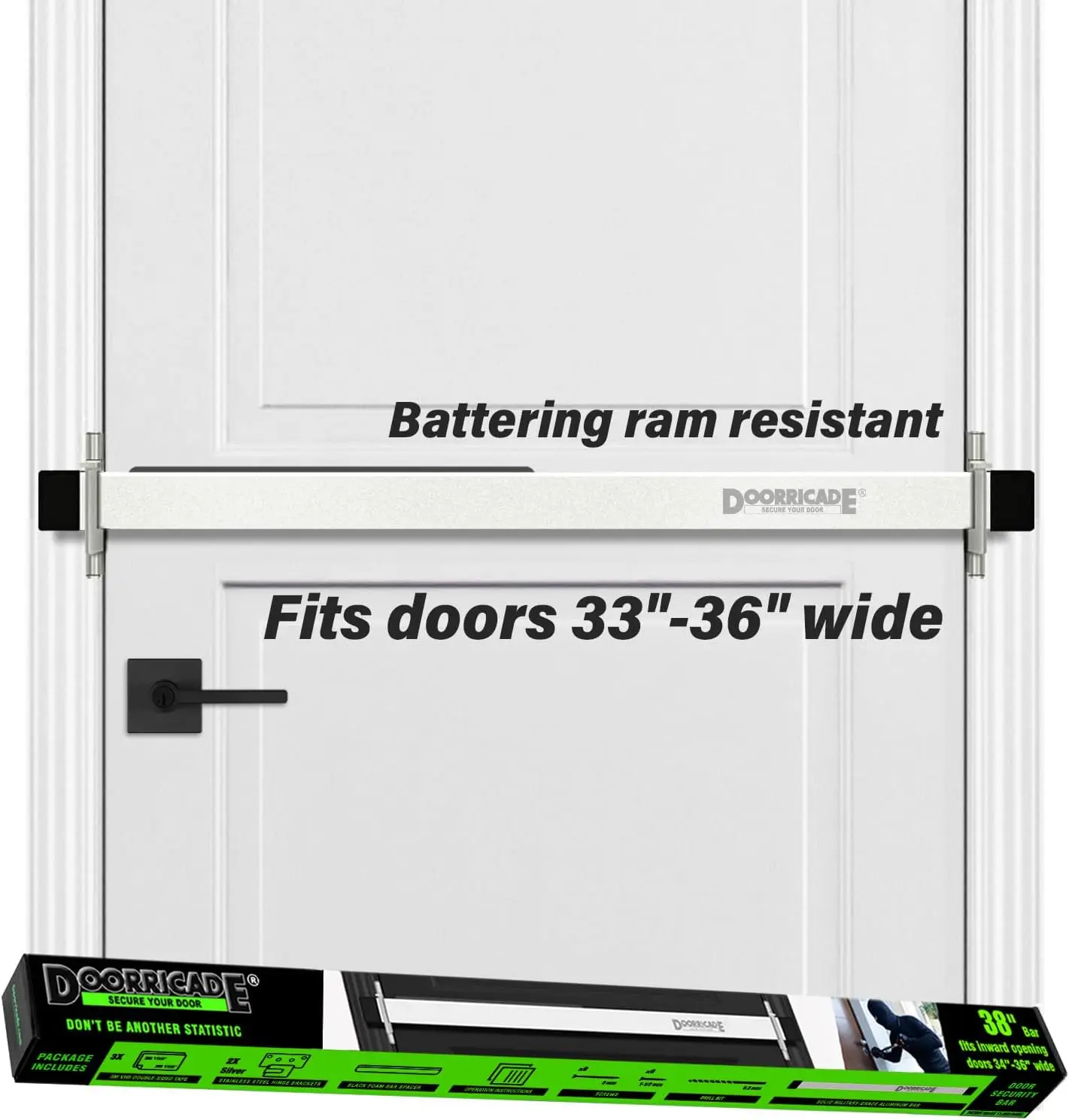 

Heavy-Duty Door Security Bar for Inward Opening Doors, Fits 33-36 Inch Widths, Safe Room Compliant