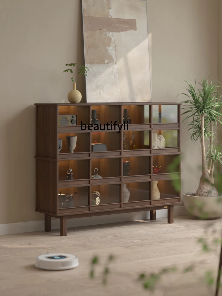 Solid Wood Display Cabinet Made of Glass Black Walnut Tea Set   Wine   Living Room TV Side Cabinet