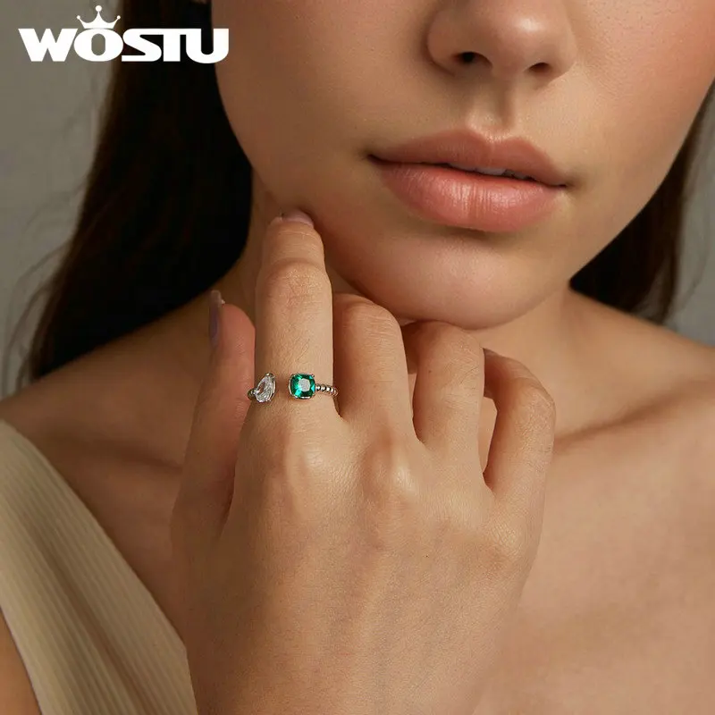 WOSTU 925 Sterling Silver Double Heart Zircon Hand Opening Ring Women Family Lover Gaurd Rings Special Birthday Gift For Girl