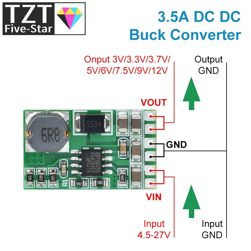 TZT 3.5A DC-DC Converter Module Buck Step-Down Voltage Regulator Board 4.5V-27V to 3V 3.3V 3.7V 5V 6V 7.5 9V 12V DD2712sa