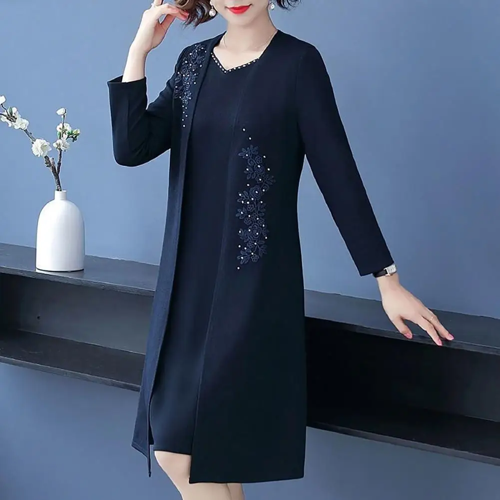 2pcs/Set Women\'s Coat Dress Set Long Sleeve Flower Embroidered Solid Color V Neck Formal Elegant Women\'s Dress Set