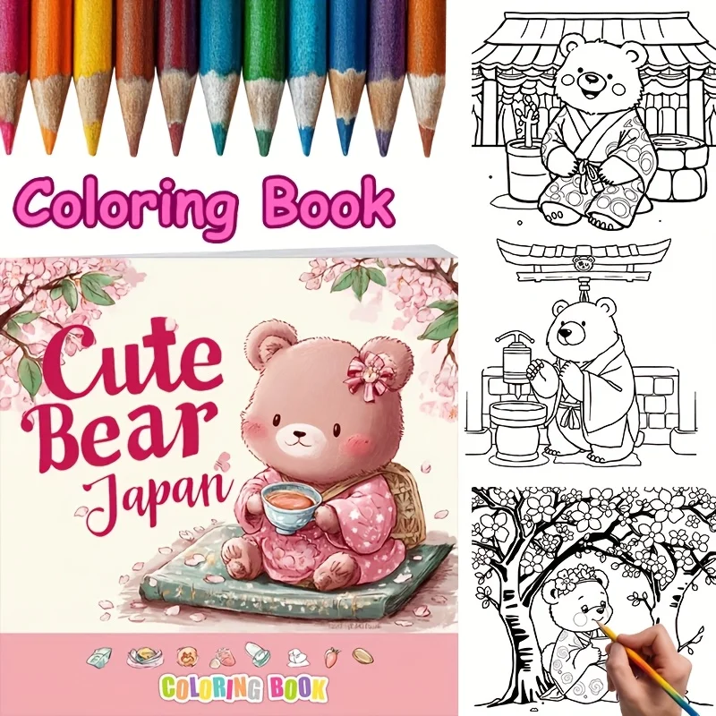 Libro para colorear de 28 páginas con lindo oso en Japón para la reducción del estrés de adultos | Libro para colorear para aliviar el estrés y reducir el estado de ánimo