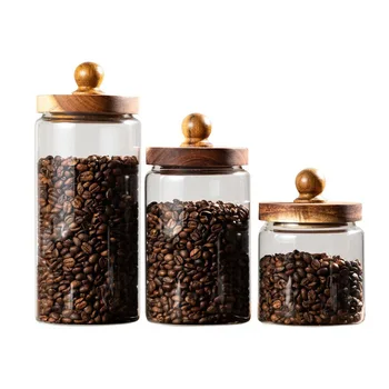 Glass Food Storage Jar with Wood Lid Airtight Sealed Clear Container for Coffee Beans…