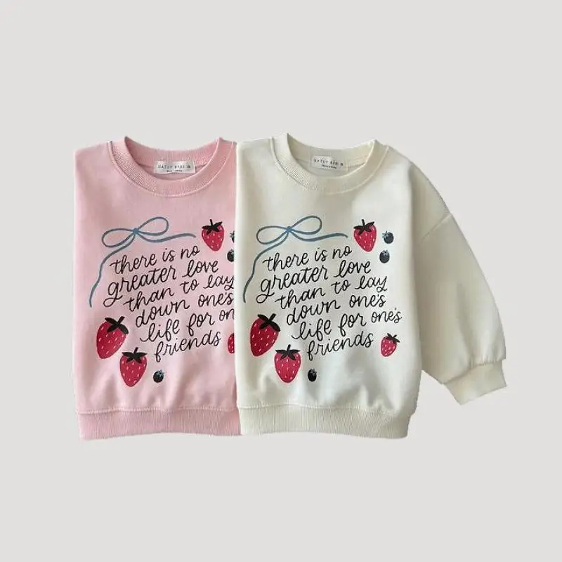 2026 Autumn New Girls Cute Letter Print Sweatshirt Children Long Sleeve Casual Pullover Baby Girl Strawberry Sweatshirt