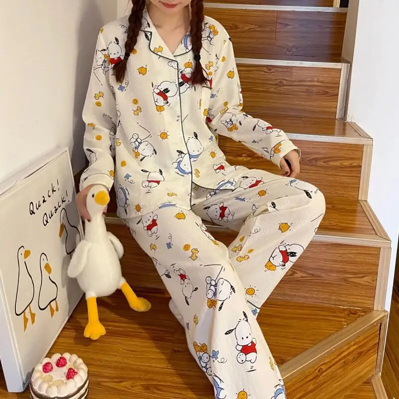 

Sanrio Pochacco женские пижамные комплекты для сна Kawaii мультфильм осень и зима брюки с длинными рукавами одежда для сна с лацканами домашняя одежда новинка