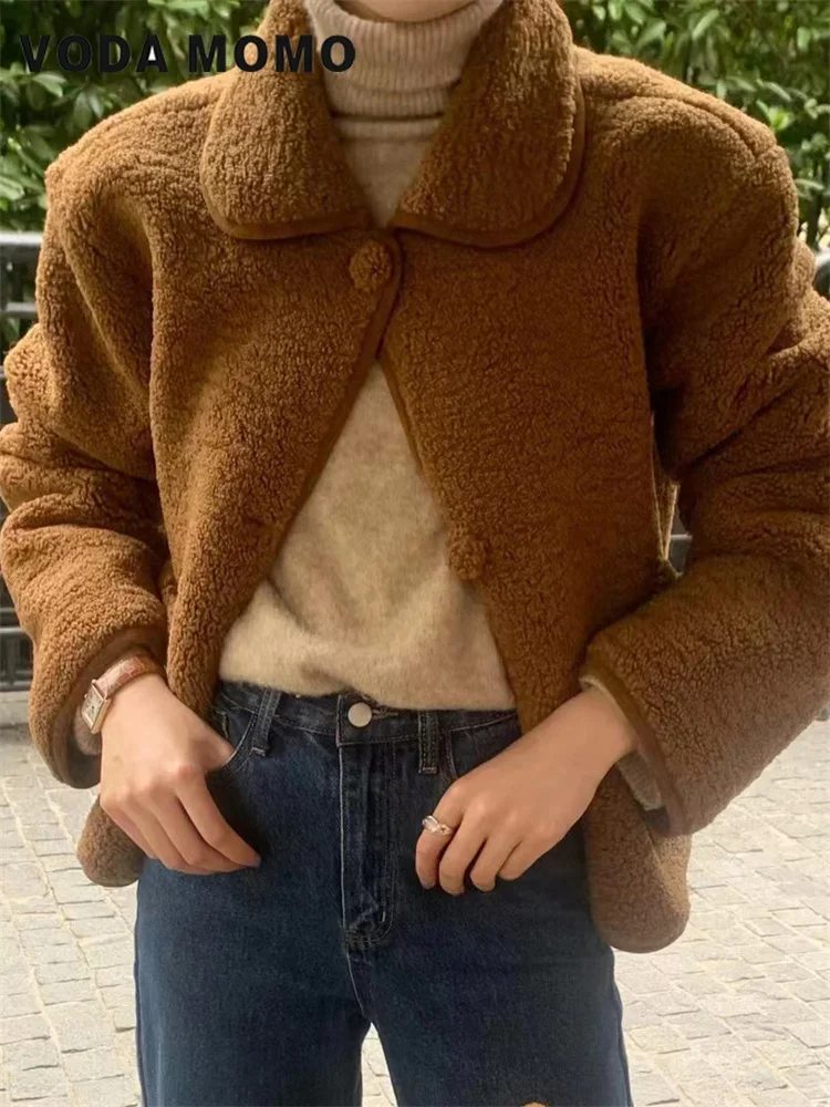 Women's Winter Sweet Korean stytle Warm Harajuku Plush Coat Lamb Fur Jacket Doll Collar Single Breasted Short Outerwears 2024