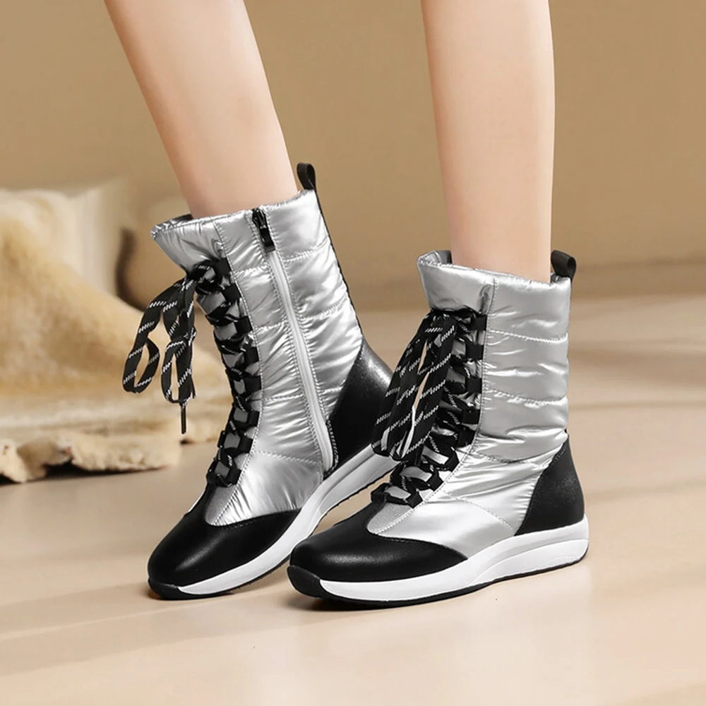 Winter Keep Warm Plush Leather Snow Boots Women Platform Shoes Wedges Zip Cross Straps Waterproof Female Booties Size 35-44 125s image 5
