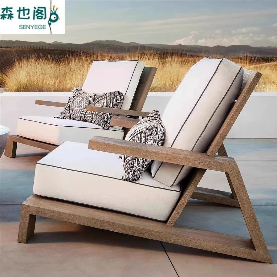 Outdoor Teak Sofa, Aluminum Waterproof Patio Garden Furniture, Nordic Style Outdoor Lounge Set for Villa Courtyard