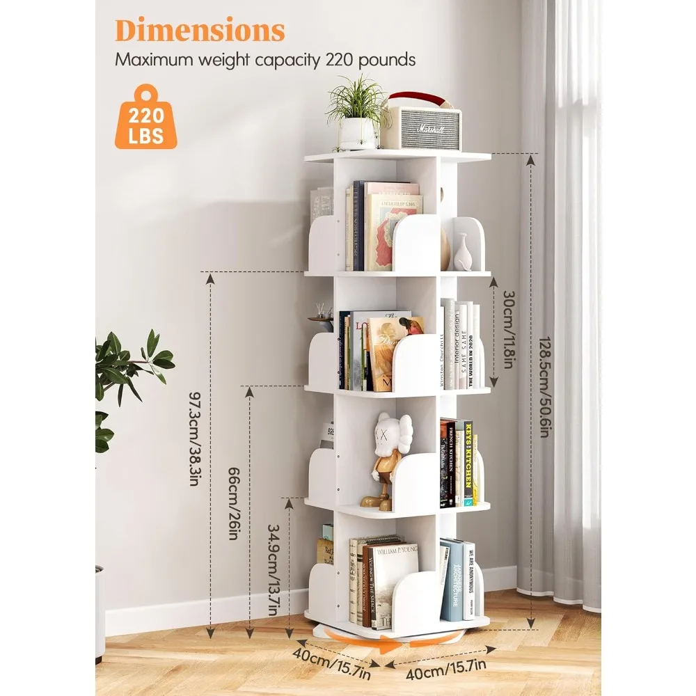 Libreria girevole compatta a 4 livelli per bambini, espositore angolare per piccoli spazi, spazio di archiviazione dal pavimento al soffitto