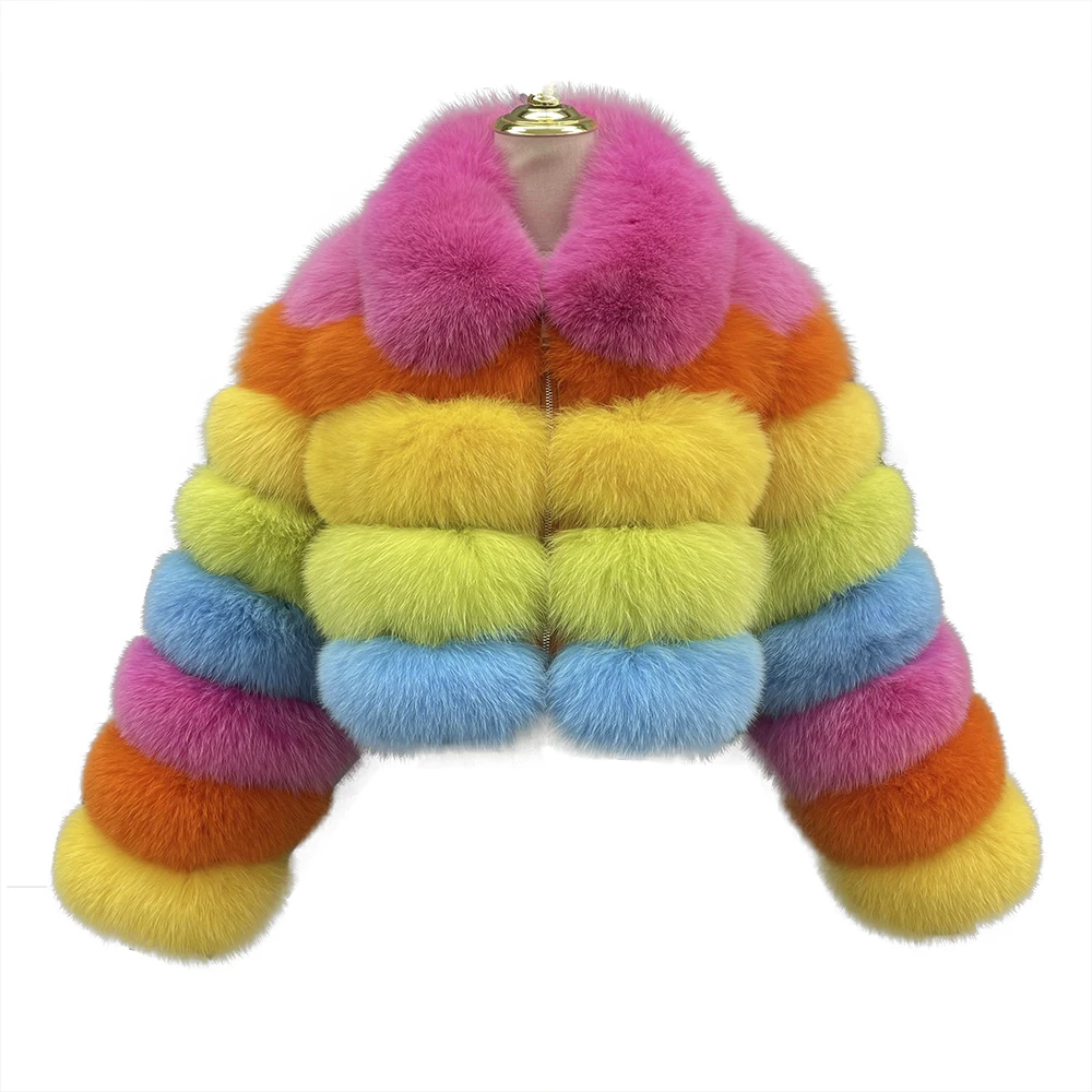 

JANEFUR Natural Fur Coat Women Rainbow White Fashion Luxury Cropped Real Fox Fur Jacket Wholesale Promotion Winter Female Coats