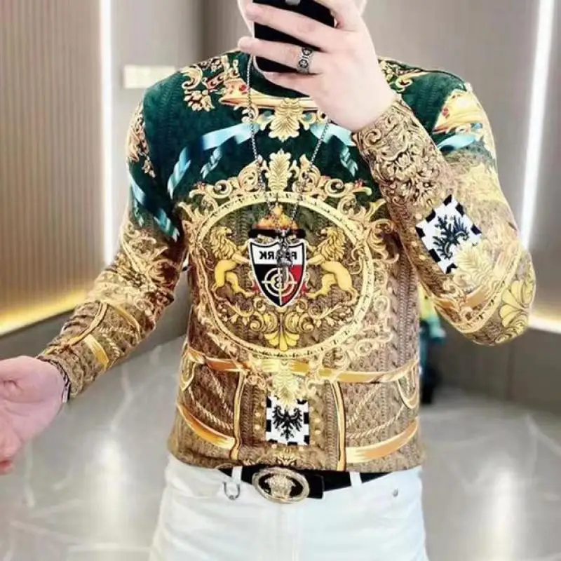 

2024 Winter Tops Gold Luxury Velour Mens Printed Tshirts Velvet Baroque Clothes For Men Fashion Pullover Fancy Jumper Blouses