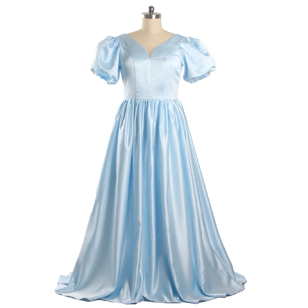 

Evening Dresses Shiny Satin Sky Blue Simple Short Puff Sleeves Lace up Pleat A-line Floor Length Plus Size Party Dress B1918