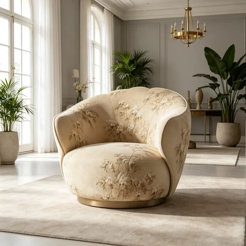 Retro Floral Pattern Fabric Decorative Chair Fixed Gold Metal Base Single Casual Sofa Chair for Living Room Decoration
