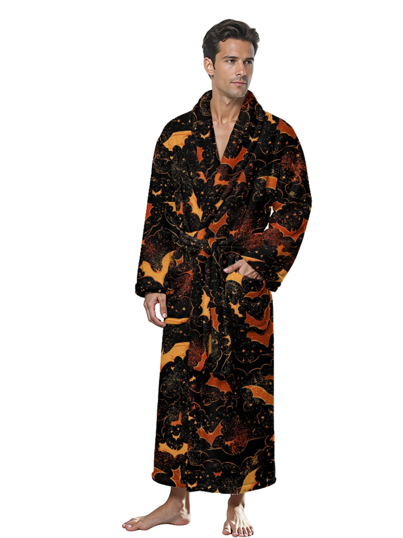 Bat Skull Fire Print Robes Long Bathrobe Orange Brown Shawl Collar Sleepwear Belted Waist Pockets Cozy Gothic Home Loungewear