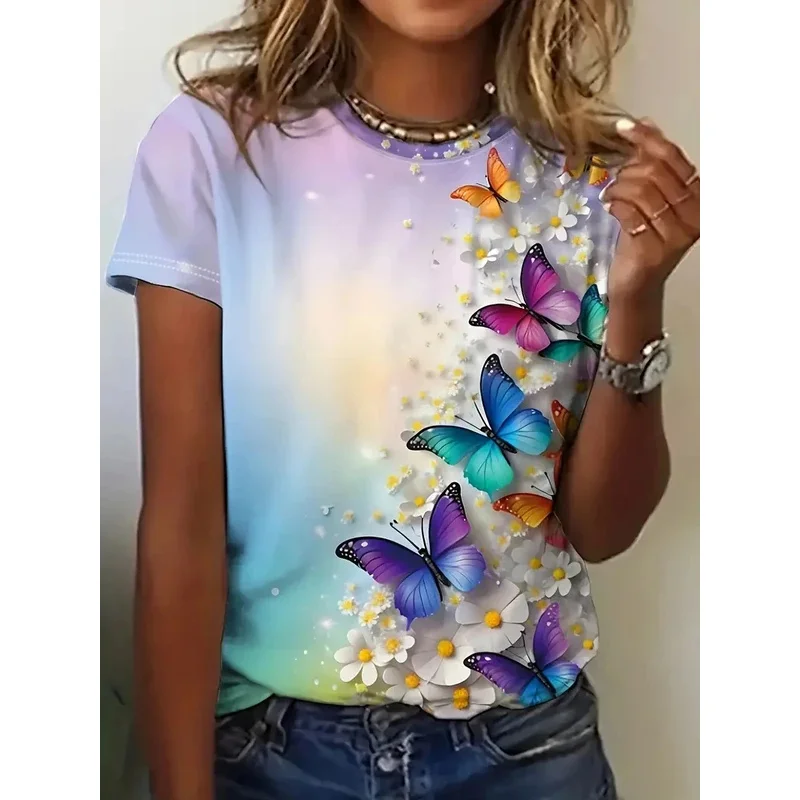 

Fashion 3D butterfly print summer casual O-neck short sleeved kawaii girls' T-shirt women's clothing