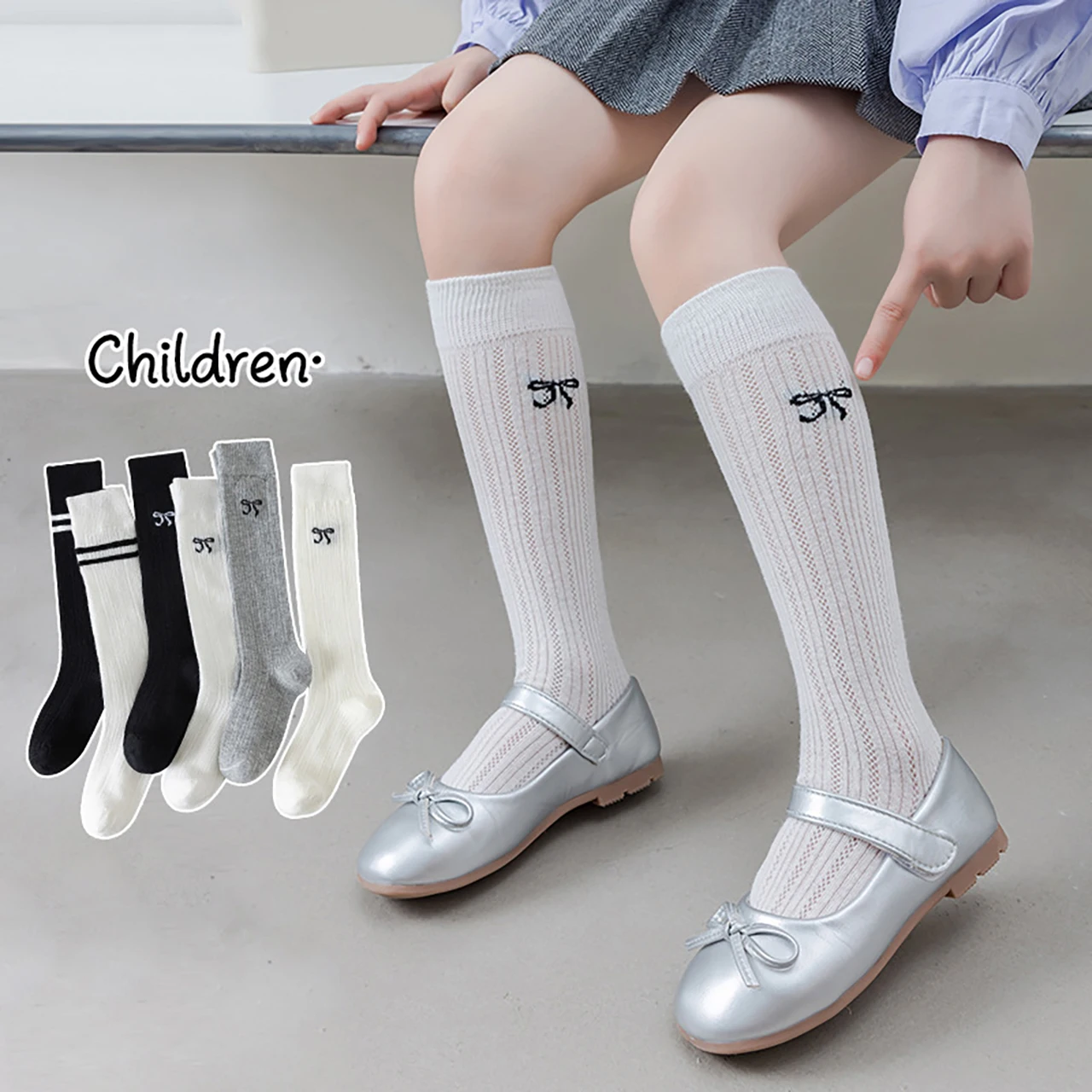 

Princess Girls Bow Socks Summer Mesh Long Stockings Net Breathable Kids Knee-Highs Sock Soild Color Calf Sock 3-5Year Children