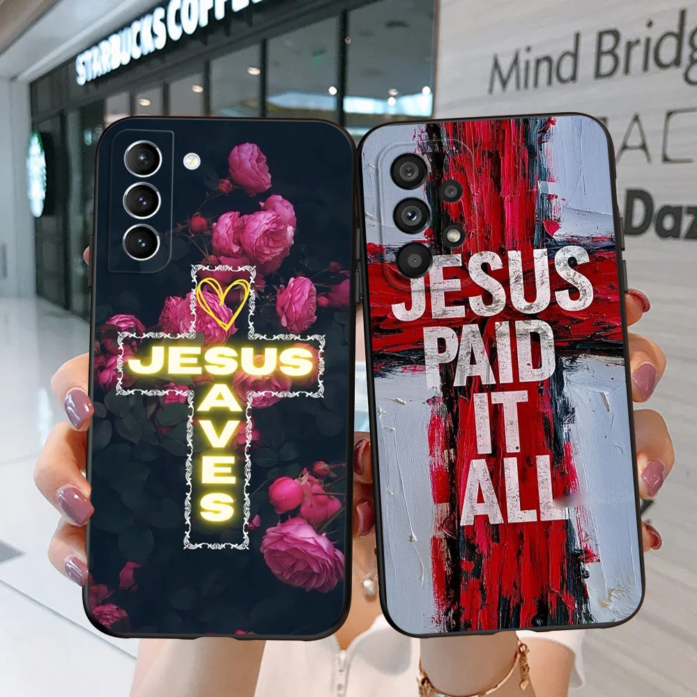 Black Tpu Case For Samsung Galaxy F23 M12 M22 M23 M32 4G M52 5G M30S M21 A04s Jesus Cross Art