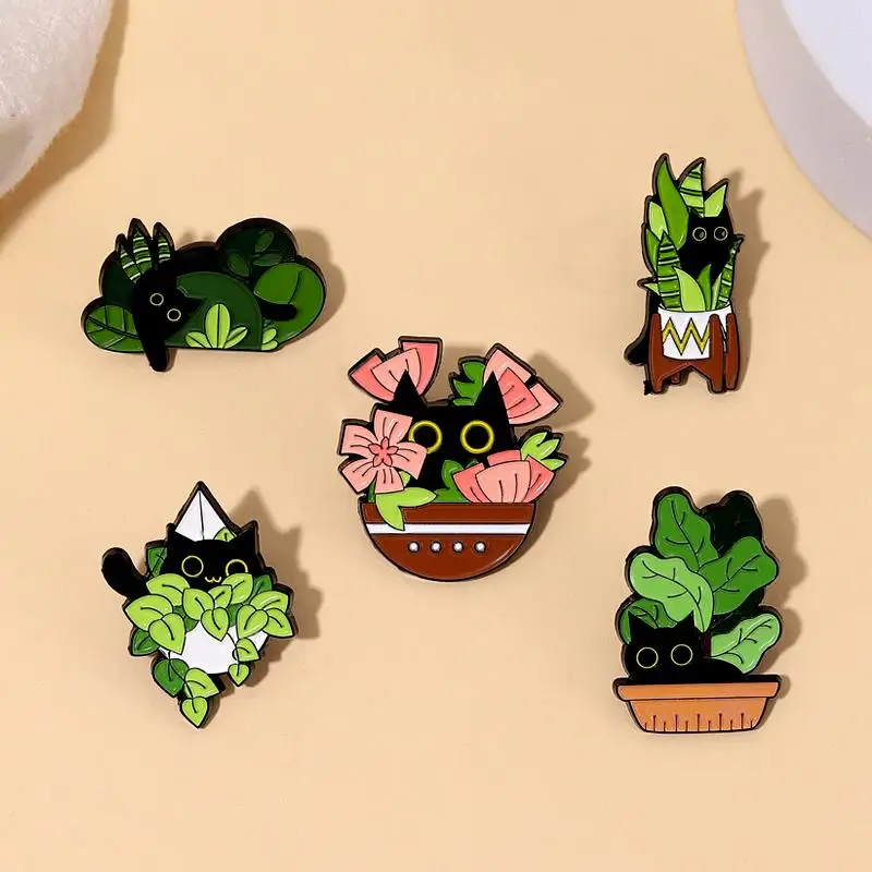 Cats in Plants Enamel Pins Custom Black Cat Potted Plant Brooches Lapel Badges Fun Animal Plant Jewelry Gift for Kids Friends