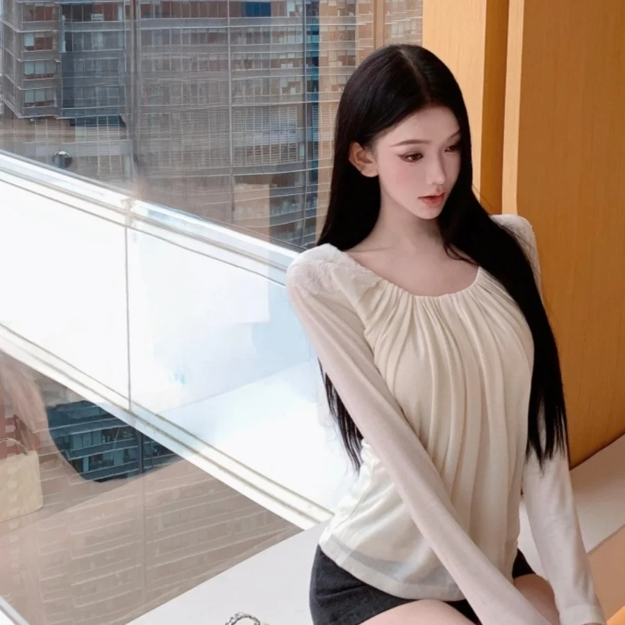 Design Sensation Slimming Long Sleeve T-Shirt Autumn New Style Simple Folded Pure Desire Fashionable Women's Top V-Neck Short...