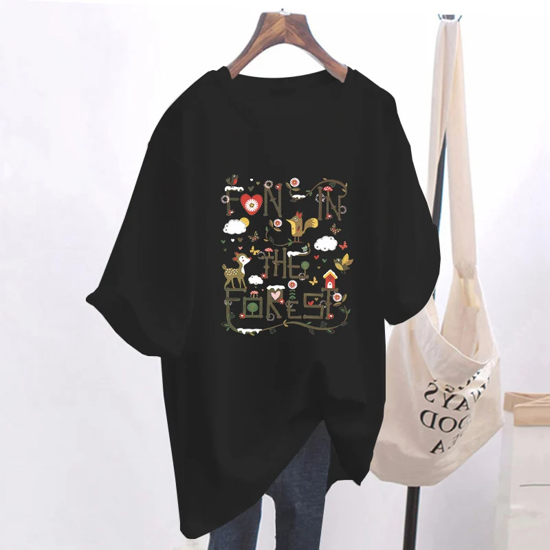 ملابس النساء أنيقة الحلو طباعة الأساسية تي شيرت الصيف عادية فضفاض القطن الخالص قصيرة الأكمام تي شيرت كل مباراة س الرقبة البلوفرات