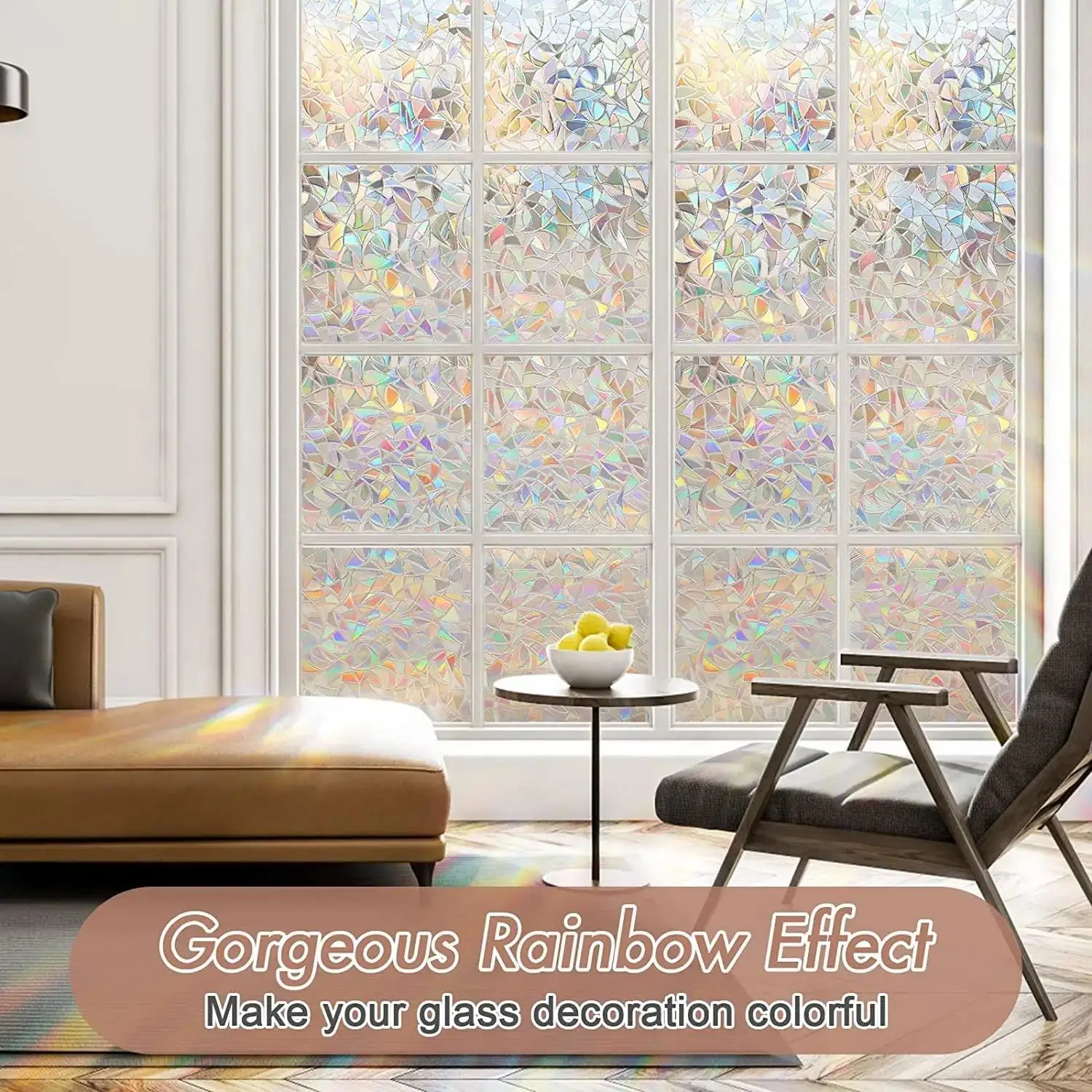 Window Privacy Film Rainbow Static Cling Stained Glass Film Window Covering Stickers Non-Adhesive Removable Reflective for  Home