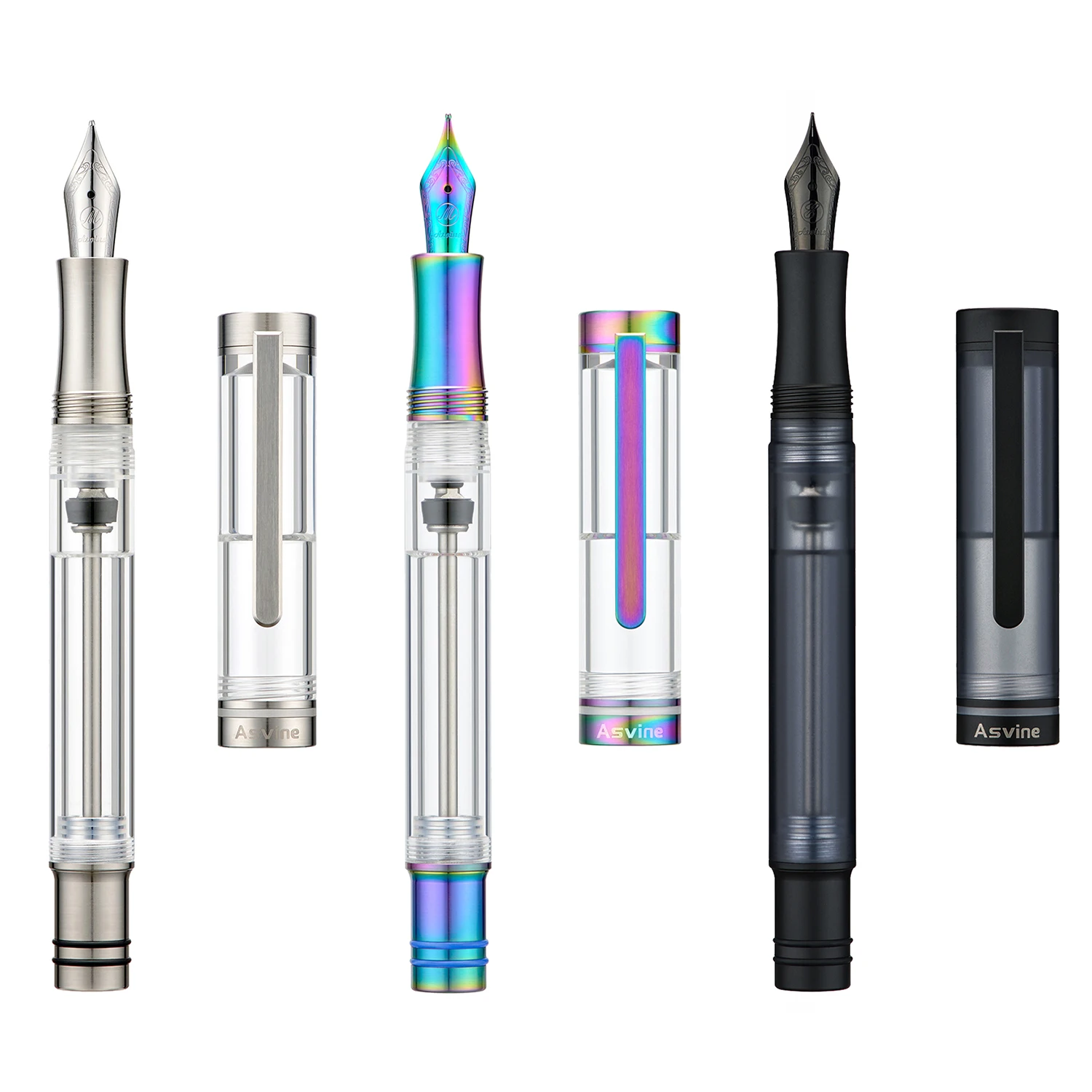 Asvine V200 Titanium Fountain Pen Vacuum Filling, Asvine / BOCK EF/F//B Nib Clear Transparent Acrylic Smooth Writing Pen